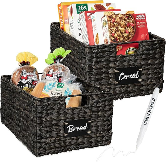 Best Choice Products Pantry Baskets Set of 2 16x12in Water Hyacinth Storage Baskets, Woven Wicker Kitchen Organizers with handles w/Chalkboard Label Chalk Marker - Black by Unknown