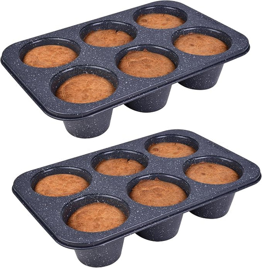 Monfish 2pcs Jumbo Deep Muffin Pan - 6-Cavity Baking Tray, 3.5x3 Inch Cups - Carbon Steel - Black Granite Stone Finish - Extra Large Cupcake Tins for Baking (2 deep muffin) by monfish