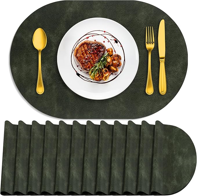 ADRIMER Placemats, Heat Resistant Oval Placemats Set of 12 Washable 12 x 17 Inch, Waterproof Table Mats, Wipeable Pu Place Mats for Kitchen, Dining Room, Olive Green by Adrimersdreamistobeanindispensablecompanioninyourlife