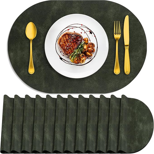 ADRIMER Placemats, Heat Resistant Oval Placemats Set of 12 Washable 12 x 17 Inch, Waterproof Table Mats, Wipeable Pu Place Mats for Kitchen, Dining Room, Olive Green by Adrimersdreamistobeanindispensablecompanioninyourlife