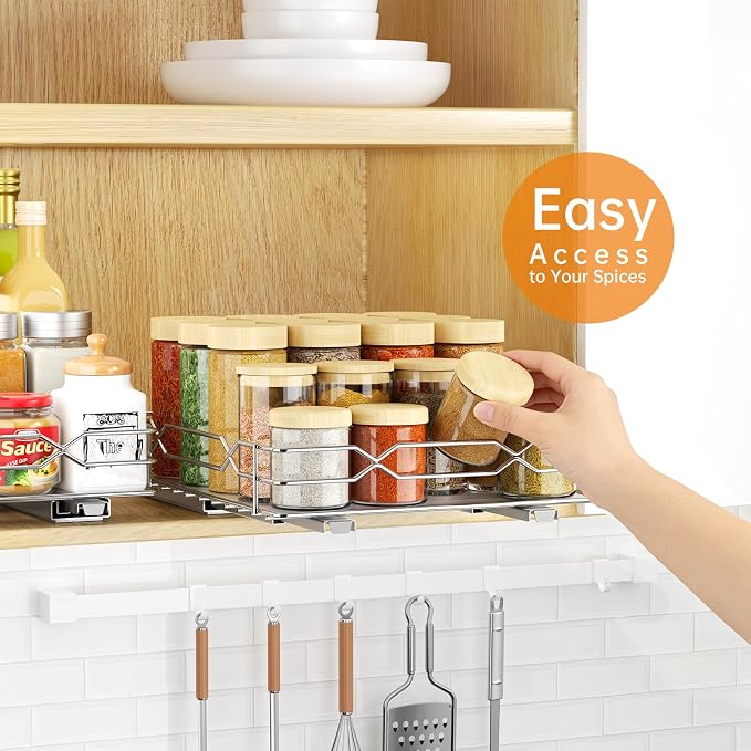 Pull Out Spice Rack Organizer for Cabinet, Chrome, 8.5"W x 10.5"D x 2.5"H | Slide Out Design, No Drill Asembly, Fits Spices, Bottles & Jars, Ideal For Narrow Kitchen Cabinets & Pantry - Image 6