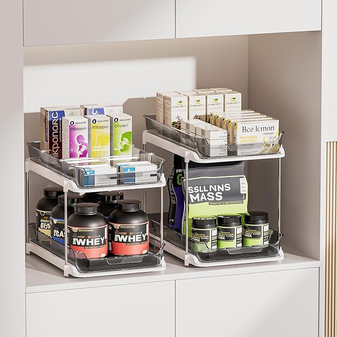 Delamu 2-Tier Multi-Purpose Bathroom Under Sink Organizers and Storage, Stackable Kitchen Pantry Organization, Pull Out Medicine Cabinet Organizer with Movable Dividers, Grey, 2 Pack - Image 4