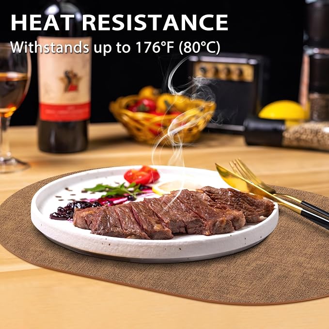 Placemats Set of 4 - Washable Heat Resistant Table Placemats - Wipeable Faux Leather Oval Place Mats, Waterproof Table Mats for Dining Table, Brown - Image 2