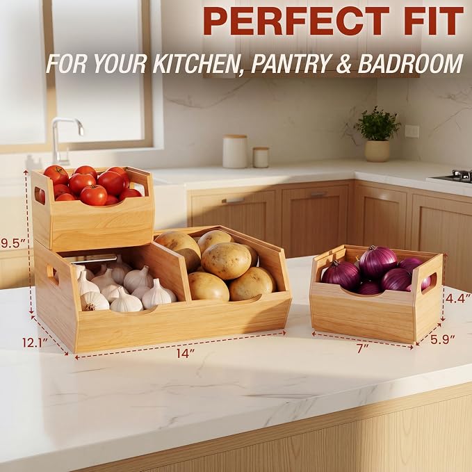 HOMESTEAD Stackable Solid Wood Storage Bins for Pantry & Countertop, Ventilated Potato and Onion Basket Organizer with Handles, Wooden Produce Storage Containers, 3 Pack, Natural Wood - Image 3