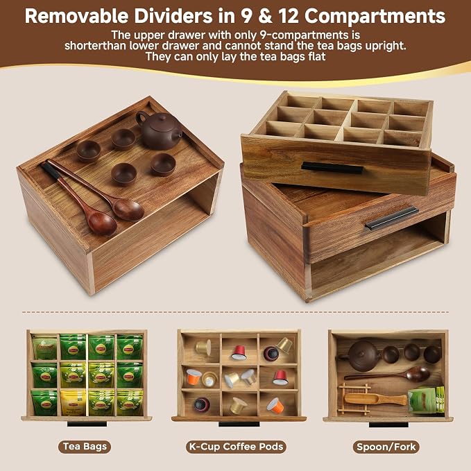 Acacia Wood Tea Bag Organizer with Gift Box, Double-Drawer Tea Box - Tea Accessories for Tea Organizer and Storage Box, Tea Station Chest Caddy for Countertop Cabinet Office(21-Compartment) - Image 5