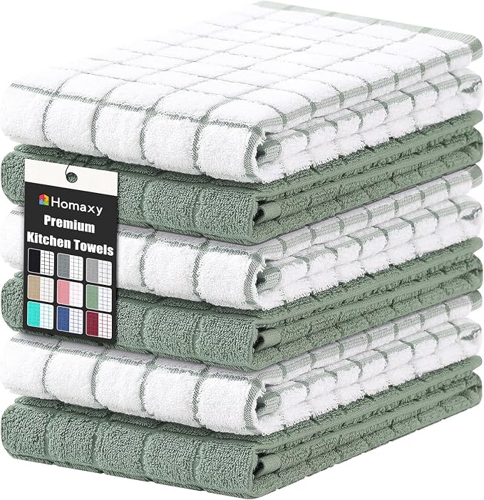 Homaxy Large Premium Cotton Kitchen Towels 16"x 28", 6 Pack, Sage Green | Natural Ring Spun 390 GSM Dish Towels, Super Absorbent Terry Kitchen Hand Towels, Soft Tea Towels with Hanging Loop by Homaxy