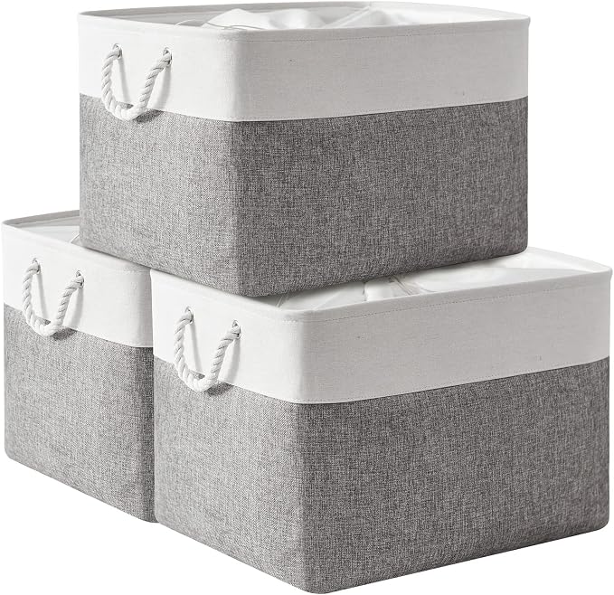 Storage Bins Baskets for Organizing, 20.5L×15.7W×13.8H 3 Pack Sturdy Fabric Storage Basket W/Handles, Decorative Foldable Storage Baskets for Shelves Closet Nursery Toy (White & Grey) by TheWarmHome