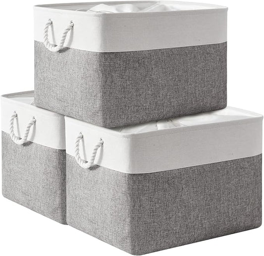 Storage Bins Baskets for Organizing, 20.5L×15.7W×13.8H 3 Pack Sturdy Fabric Storage Basket W/Handles, Decorative Foldable Storage Baskets for Shelves Closet Nursery Toy (White & Grey) by TheWarmHome