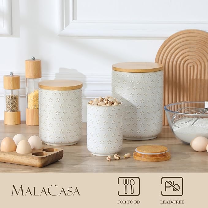 MALACASA LYDIA Ceramic Canisters Set with Airtight Lids, 80/40/20 oz Coffee Canisters Sets for the Kitchen, Large Jars for Flour, Sugar, Pasta, Coffee, Cookies, Tea - Set of 3, Five-Leaf Grass - Image 3