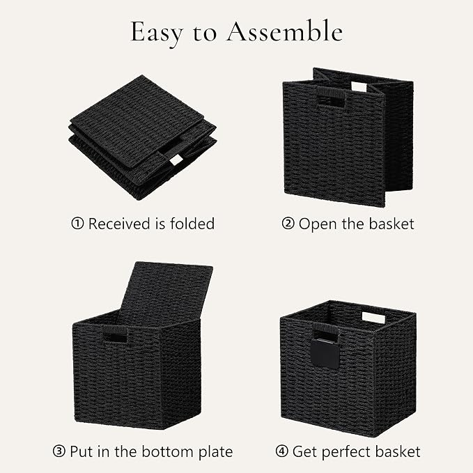 UBBCARE 4 Pack Small Wicker Basket, 9×9 Storage Cubes with Label, Foldable Cube Storage Bin with Handle, Square Storage Basket for Shelves, Woven Paper Rope Basket for Organizing, Black - Image 7