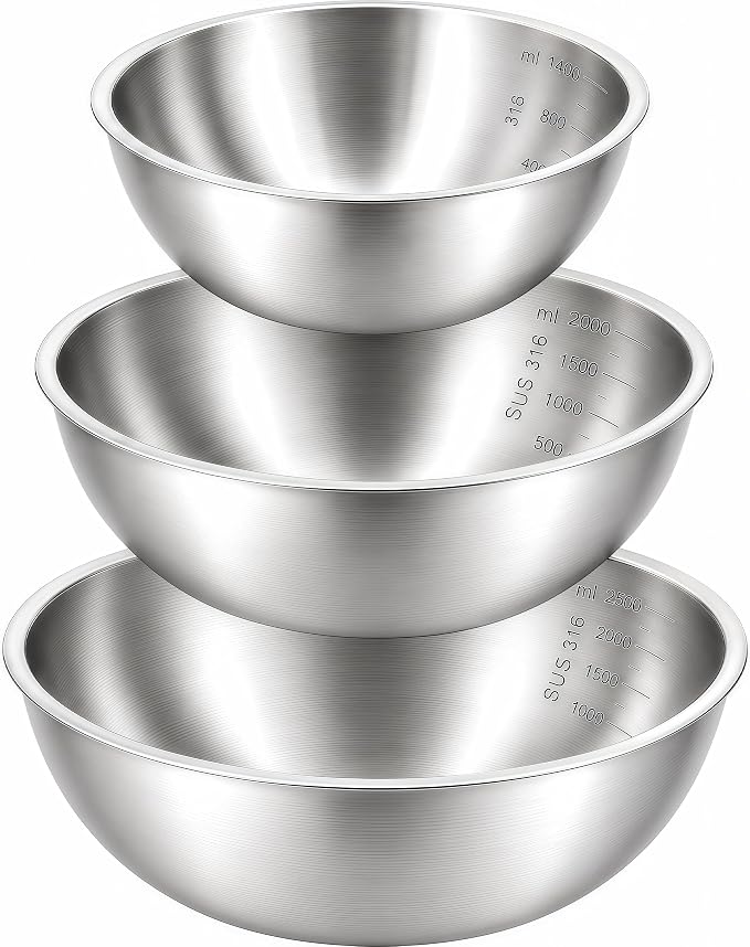 Stainless Steel Mixing Bowls Set of 3, 1.5/2.5/4 Qt Metal Mixing Bowl Set for Baking, Salad, Cooking & Meal Prep, Nesting Stainless Steel Bowls with Measurement Marks, Dishwasher Safe by BSTUR