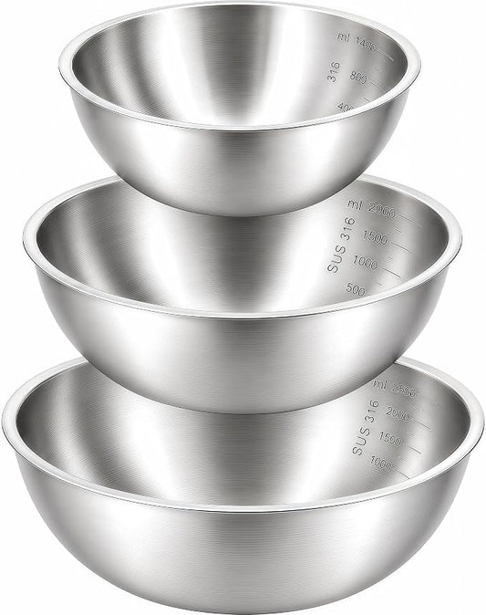 Stainless Steel Mixing Bowls Set of 3, 1.5/2.5/4 Qt Metal Mixing Bowl Set for Baking, Salad, Cooking & Meal Prep, Nesting Stainless Steel Bowls with Measurement Marks, Dishwasher Safe by BSTUR