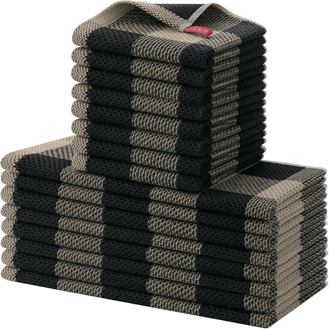 Homaxy Kitchen Towels and Dishcloths Set, Set of 16, Black & Tan | Bulk Cotton Waffle Weave Check Plaid Kitchen Towels, Super Soft and Absorbent Dish Cloths, 12 x 12 and 13 x 28 Inches by Homaxy