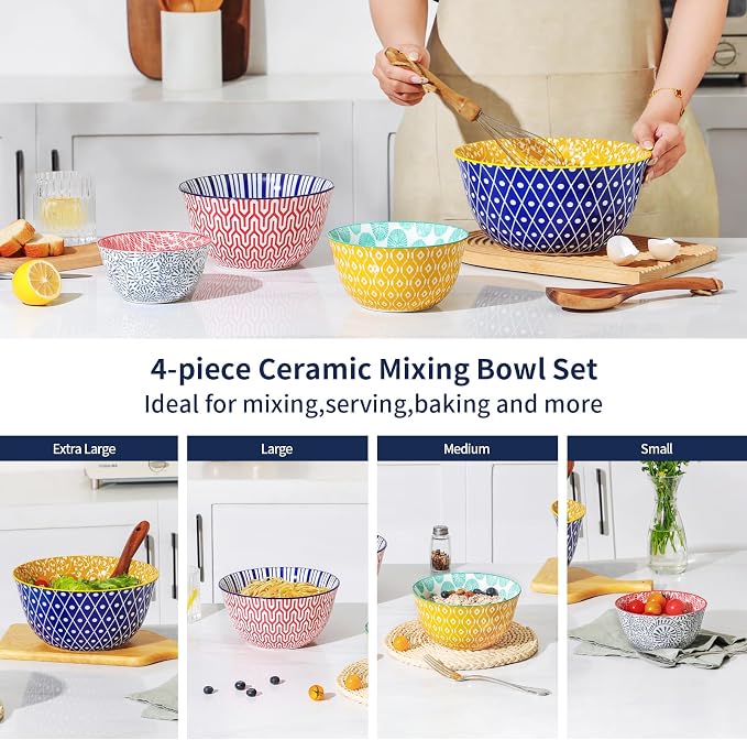 Selamica Ceramic Mixing Bowls, Nesting Bowls Set of 4 for Baking, Prepping, Cooking, Salad, 20/36/60/123 oz, Microwave & Dishwasher Safe, Assorted Colors - Image 4