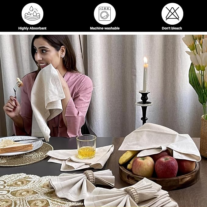 Linen Cotton Cloth Napkins Set of 12, 20x20 Inch Dinner Napkins | Natural Hemstitched Fabric – Machine Washable Elegant Reusable Table Napkins for Weddings, Parties & Dining Décor - Image 9