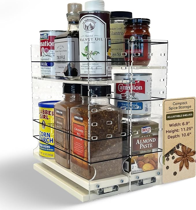 Adjustable Spice Rack Drawer - Pull Out Cabinet Organizer - Kitchen and Pantry Organizers and Storage - Spice Caddy - 2 Drawers, 3 Upper Tier (6.9" W x 11.25" H x 10.6" D, Cream) by VerticalSpice