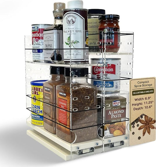 Adjustable Spice Rack Drawer - Pull Out Cabinet Organizer - Kitchen and Pantry Organizers and Storage - Spice Caddy - 2 Drawers, 3 Upper Tier (6.9" W x 11.25" H x 10.6" D, Cream) by VerticalSpice
