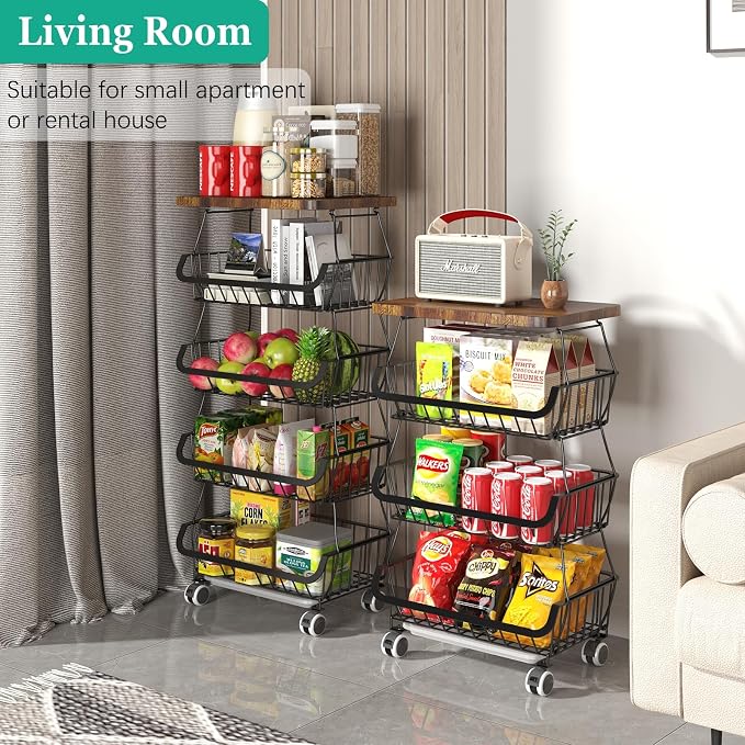 CHLORYARD Fruit Basket with Wooden Lid for Kitchen, 4-Tier Stackable Wire Fruit Vegetable Storage Basket Organizer Stand on Wheel, Produce Basket Potato Onion Storage Bins Rack Cart for Pantry - Image 5