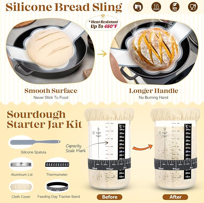 Sourdough Starter Kit, Sourdough Bread Baking Supplies, Bread Proofing Basket, Sourdough Kit for Modern Home and Kitchen, Sourdough Bread Basket, Sour Dough Kit Tools, Bread Making Tools Kit | Gray, 9" Round & 10" Oval Baskets, Sourdough Bread Baking S... - Image 3