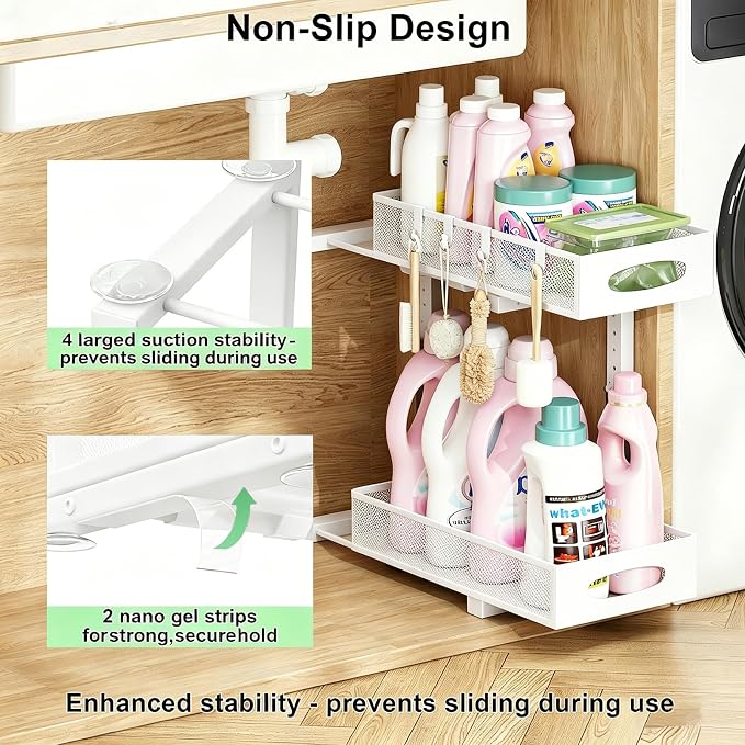 2-Pack Under Sink Organizer, 2-Tier Pull Out Cabinet Storage, White | Rustproof Carbon Steel, Mesh Sliding Drawers, 5-Level Height Adjustable to Bypass Pipes, for Kitchen, Bathroom, Laundry - Image 4