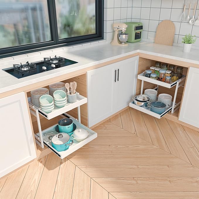 2 Tier Pull Out Cabinet Organizer, 21 inch Depth Slide Out Shelves | Expandable 14"-22.5" Wide, Heavy-Duty Cabinet Drawers for Kitchen Pots, Pans & Pantry Storage, White - Image 6