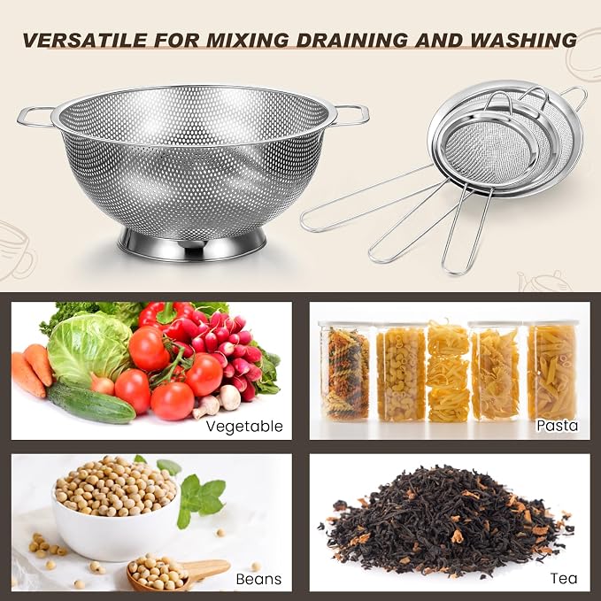 Norme 5 Quart Stainless Steel Silver Colander and 3 Pcs Silver Fine Mesh Strainer, Stainless Steel Pasta Rice Food Metal Strainer with Handles, Easy Clean and Dishwasher Safe - Image 6