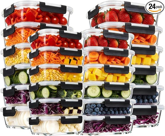 Konokyo Rectangular Glass Food Storage Containers with Lids, 24 Pack Airtight Leakproof Meal Prep Containers, BPA-Free, Microwave Oven Freezer & Dishwasher Safe, Assorted Sizes by Konokyo