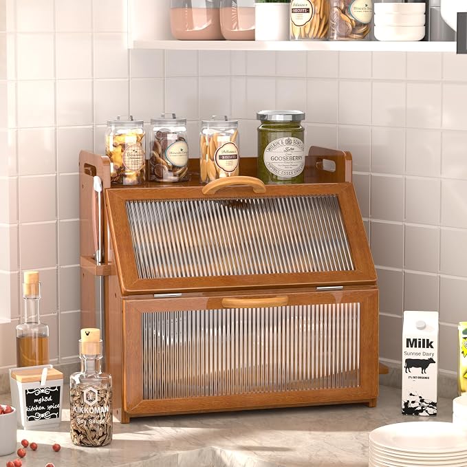 Bread Box for Kitchen Countertop, Large Bread Storage Container for Homemade Bread, Vintage Wooden Farmhouse Breadbox Organizers, Double Layer Bread Bin with Acrylic Window Bread Holder - Image 7
