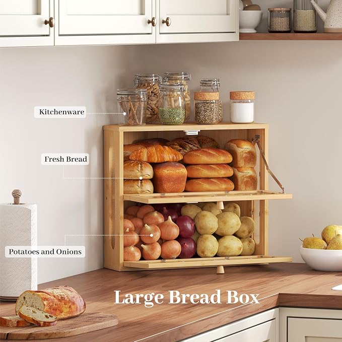 Corner Bread Box for Kitchen Countertop, 2026 New Double Layer Bamboo Bread Storage Bin, Large Bread Container for homemade bread (Natural) - Image 3