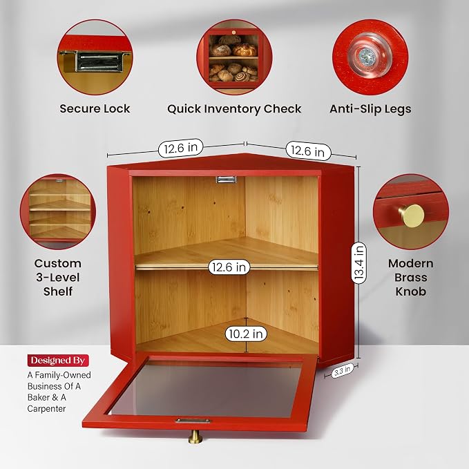 2 Tier Corner Bread Box for Kitchen Countertop, Red | Space-saving, food-safe bamboo corner countertop cabinet featuring a modern brass knob & controlled airflow. - Image 3