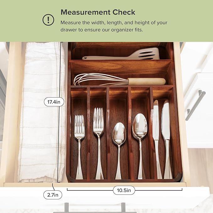Silverware & Utensil Organizer, Fixed 10.5 in, Acacia | Cutlery, flatware holder, rounded corners, 7 compartments, non-slip feet, kitchen drawers - Image 3