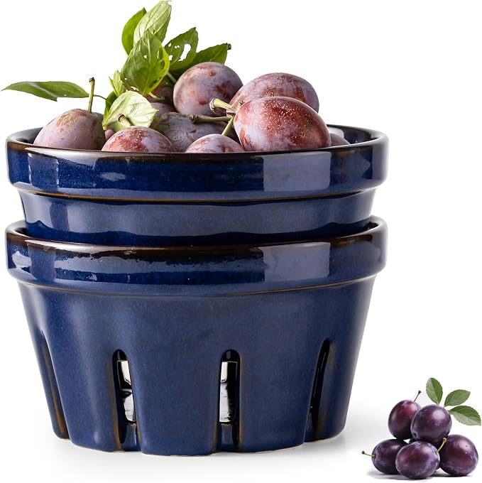 Gomakren Ceramic Berry Basket Set of 2, Fruit Bowl with Holes, Cobalt Blue | Drain Holes Keep Berries Fresh, Stackable Space-Saving, Dishwasher Safe, Versatile Fruit Serving & Farmhouse Kitchen Decor by Gomakren