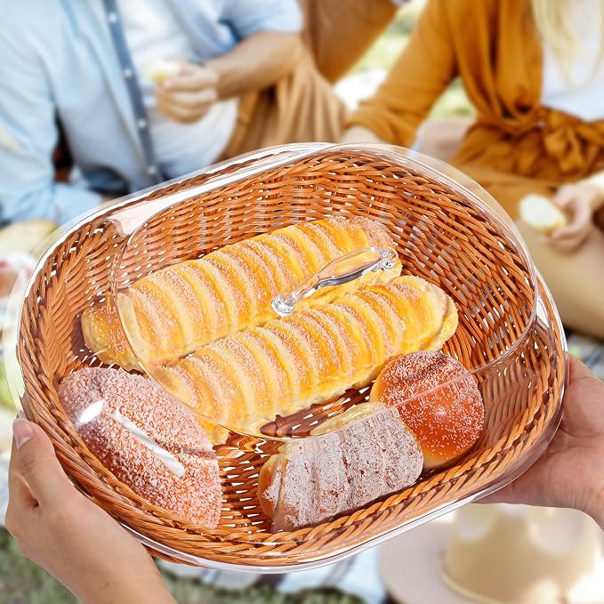 Hushee 2 Set Imitation Rattan Bread Basket with Lid Wicker Bread Baskets for Serving Woven Fruit Basket with Cover Oval Food Baskets for Food Vegetables Display(13.78 x 9.84 Inch) - Image 5