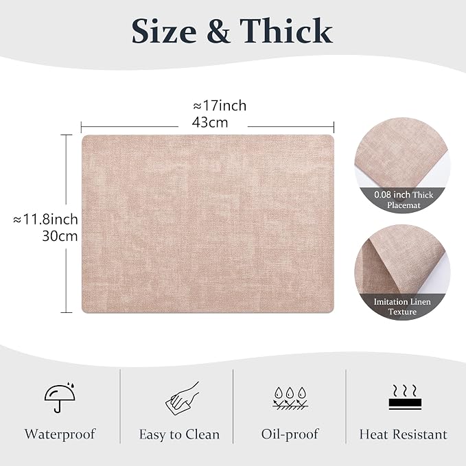FROMHEART Faux Leather PU Placemats Set of 6 (Pink,11.8" x 17") | Waterproof,Heat/Oil Stain-Resistant Table Mat–Reversible,Non-Slip,Easy to Clean Place Mats for Kitchen,Dining,Indoor/Outdoor - Image 3