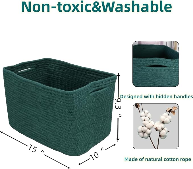 XUANGUO Woven Cotton Rope Storage Baskets 15x10x9.3" 3 Pack Dark Green | Decorative rectangular storage baskets for shelves and closets; storage bins organize clothes, toys, books and nursery items. - Image 2
