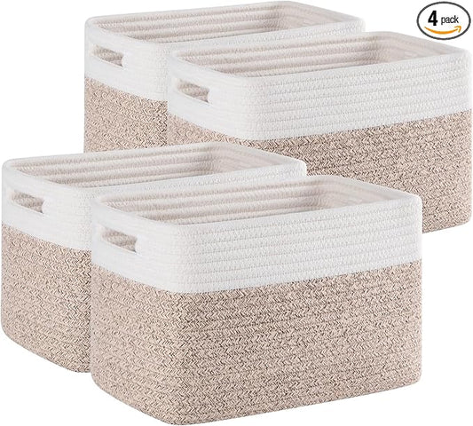 4 Pack Storage Baskets for Organizing, Woven Baskets for Shelves - Perfect for Toys, Books, Towels, and Clothes, Durable Gift Basket Bins Toy Storage, 12.7''Lx9''Wx7.8''H, Brown & White by SIXDOVE