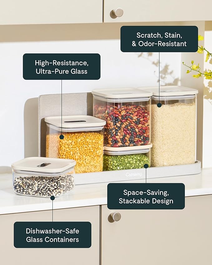 Caraway 1 qt Glass Airtight Food Storage Containers with Lids | Non-Toxic, Stackable, Space-Saving Airtight Containers for Pantry, Dry Goods, 2 Pack, Gray - Image 4