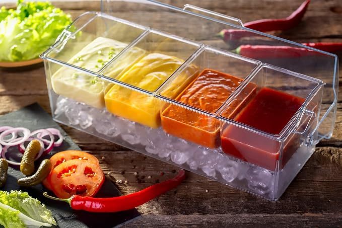 Pikanty Chilled Condiment Server Caddy with Ice Base - 4 Compartments and 4 Serving Tongs Included, Mimosa Bar, Taco Bar, Garnish Tray for Parties, Weddings, BBQs, Dishwasher Safe, Made in USA - Image 4