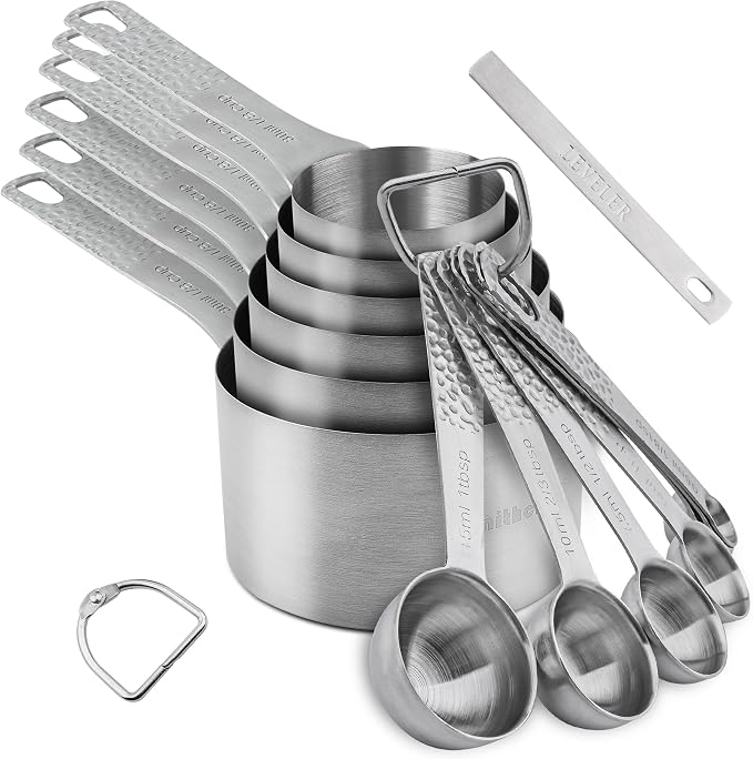 18/8 Stainless Steel Measuring Cups and Spoons Set 14 for Baking & Kitchen, Metric & US Metal 6 Measuring Cups and 7 Measuring Spoons with 1 Leveler by Kalsreui