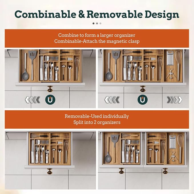 Silverware Organizer Large, Magnetic Connected Expandable 13 Slots Silverware Drawer Organizer From 21 to 37.4 Inches, Adjustable Flatware and Cutlery Holder, Bamboo Utensil Tray for Kitchen Acacia - Image 5