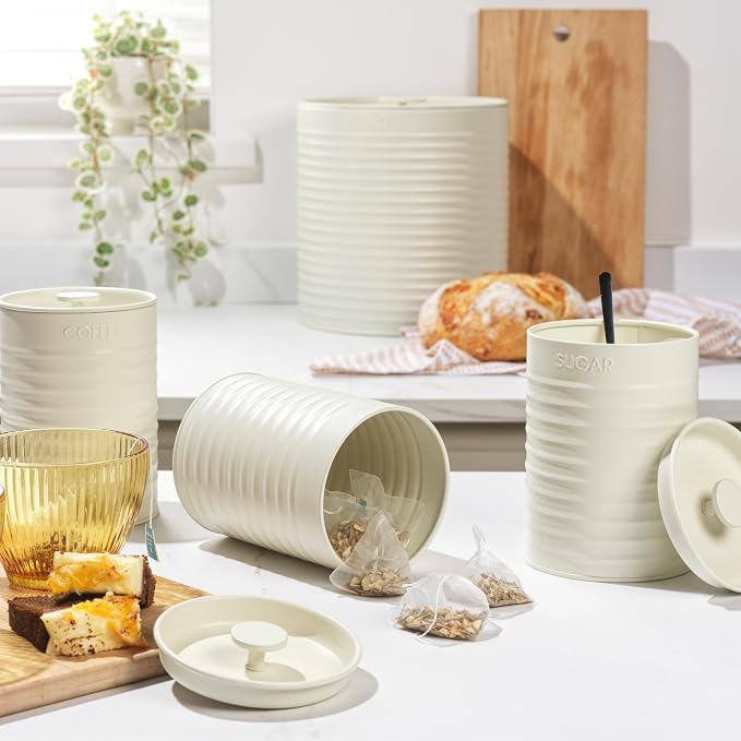 Russell Hobbs RH03270CEU7 Ribbed 4-Piece Countertop Set – Set of 3 Kitchen Storage Canisters & Bread Bin, Tea, Coffee and Sugar, Durable Steel, Pull Top Lids, Easy to Clean, Ribbed Design, Cream - Image 2