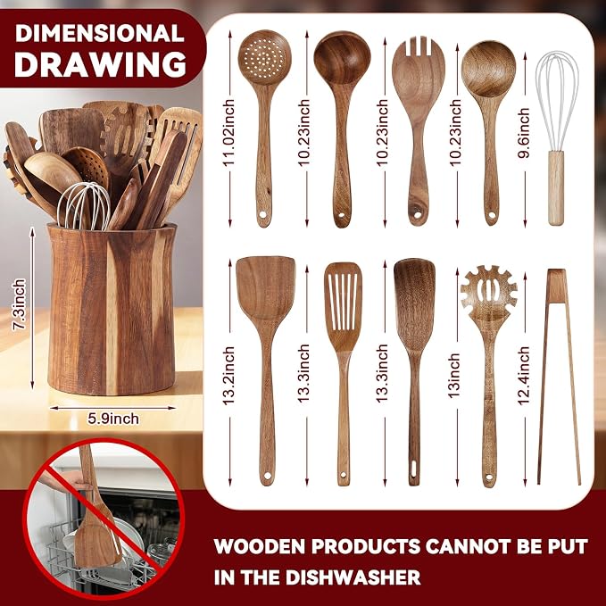 SiliFine 11 Pcs Wooden Kitchen Utensils Set with 360° Trumpet Rotating Holder Acacia Wood Cooking Utensils with Holder Cooking Spoons Spatulas for Nonstick Cookware Countertop Kitchen (Natural) - Image 2