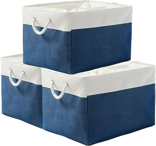 Organization and Storage Basket for Shelves - Jumbo 3 Pack 20x16x14 inch Collapsible Storage Bins for Organizing, Canves Storage Cubes for Gift Organizer Toys Closet (White & Jean Blue) by TheWarmHome