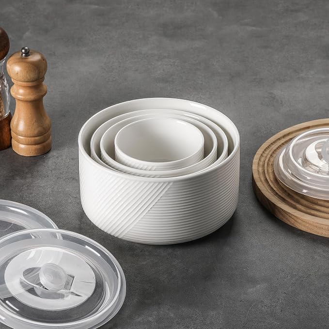 Ceramic Nesting Bowls with Lids, Set of 4, White | 50/32/20/10 oz Mixing Bowls with Lids - Porcelain Food Storage Containers For Prep and Serving, Microwave Safe - Image 4