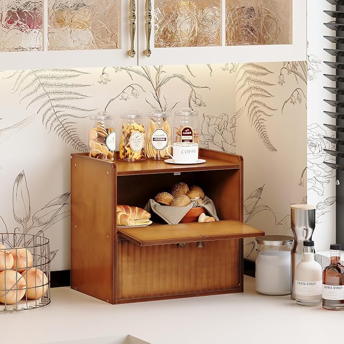 Trironsun Rustic Bread Box for Kitchen Countertop Bamboo Bread Storage Container Bin Double Layer BreadBox Farmhouse Large Capacity Food Organizer (Brown) - Image 2