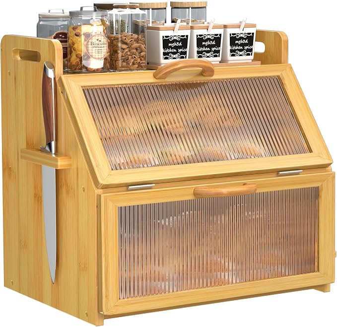 Bread Box for Kitchen Countertop, Large Bread Storage Container for Homemade Bread, Wooden Farmhouse Breadbox Organizers, Double Layer Bread Bin with Acrylic Window Bread Holder, Brown by Unknown