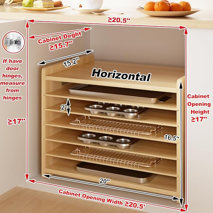 7 Tier Wooden Tray Dividers for Cabinets Cookie Sheet Organizer for Pot, Pans, Baking Tray Organizer for Kitchen Documents Storage(20" W x 16.5" H x 15.2" D) - Image 3