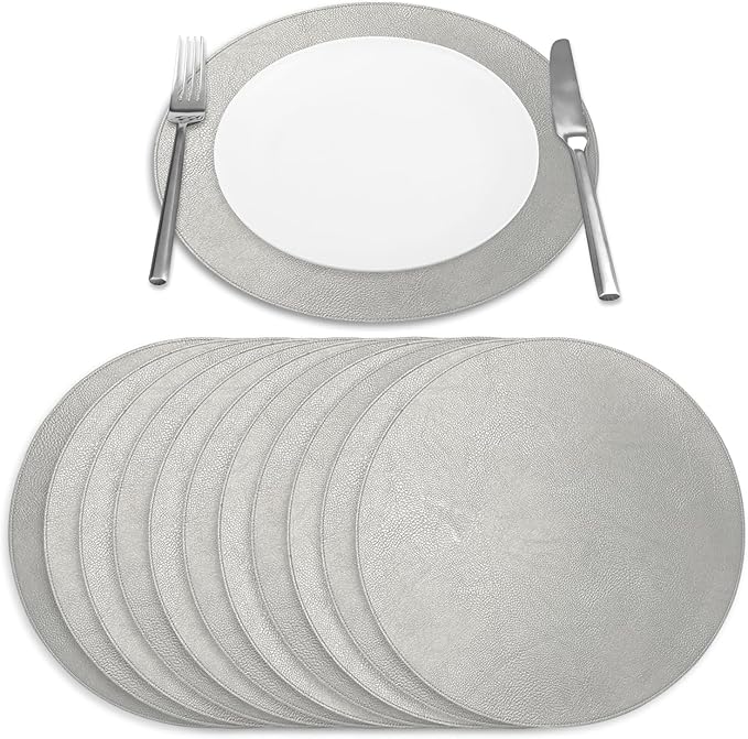Morgan Faux Leather Round Set of 12 Placemats, 15", Silver, Heat Resistant, Stain Resistant, Non-Slip, Reversible, Durable Table Mats for Kitchen, Dining Table, Indoor Washable Use by Homewear