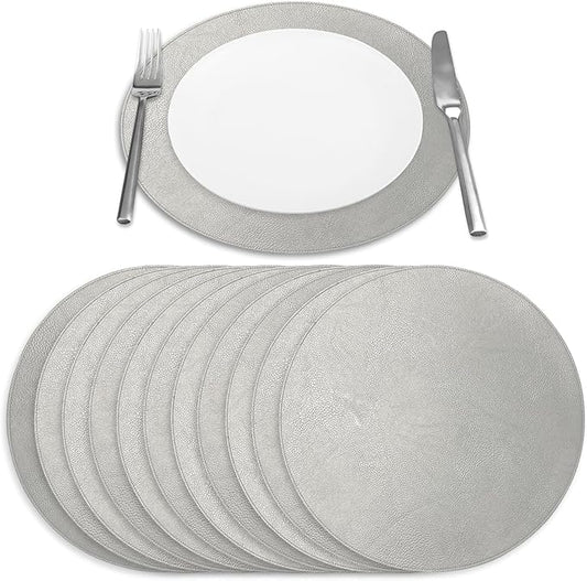 Morgan Faux Leather Round Set of 12 Placemats, 15", Silver, Heat Resistant, Stain Resistant, Non-Slip, Reversible, Durable Table Mats for Kitchen, Dining Table, Indoor Washable Use by Homewear