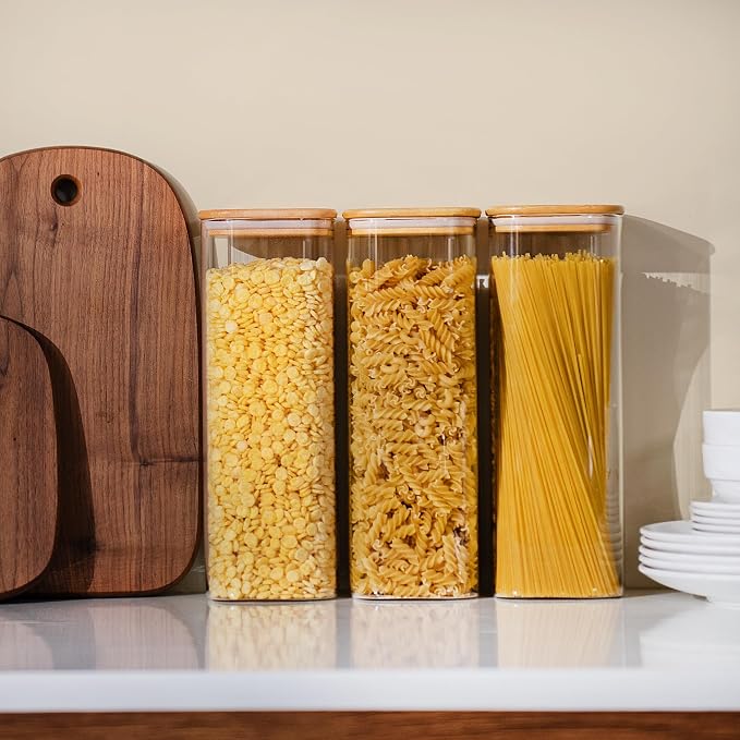 D2scrma 71oz Glass Square Storage Containers with Bamboo Lids Set of 3 (2100ml) Tall Food Storage Canisters Kitchen Jars for Pantry Organization Pasta, Penne, Macaroni, Lasagna, Fusilli - Image 7